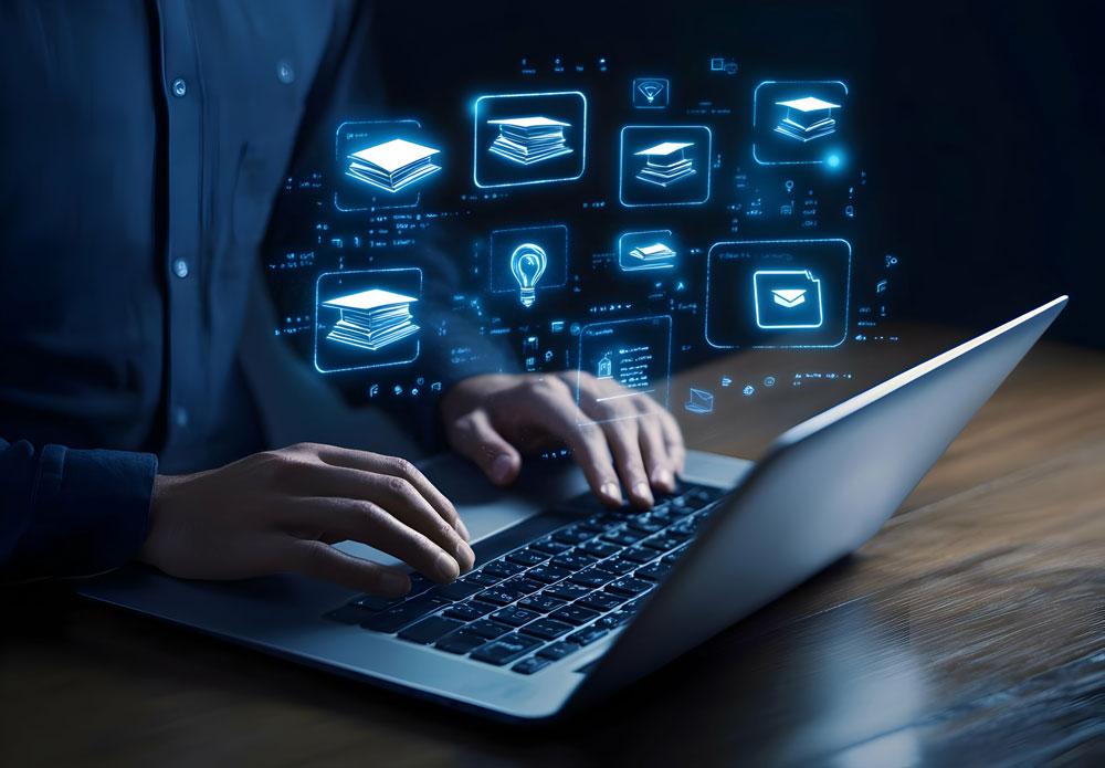 Teacher icons above laptop concept.